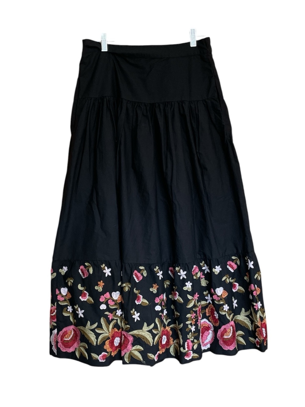 Soft Surroundings Black Maxi Skirt with Pink Floral Embroidered Hem